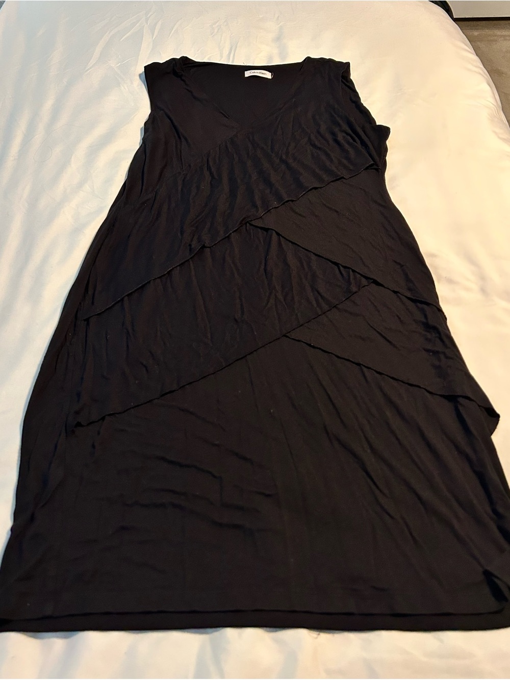 Calvin Klein Black Sleeveless Layered V-Neck Midi Dress